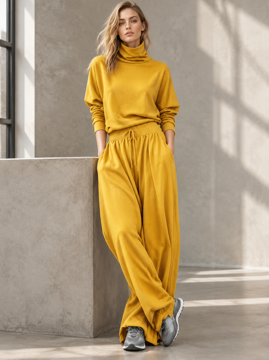🌸🌸Women Turtleneck Wide Leg Pants 2 Piece Outfit Set, Drawstring Waist Casual Matching Loungewear