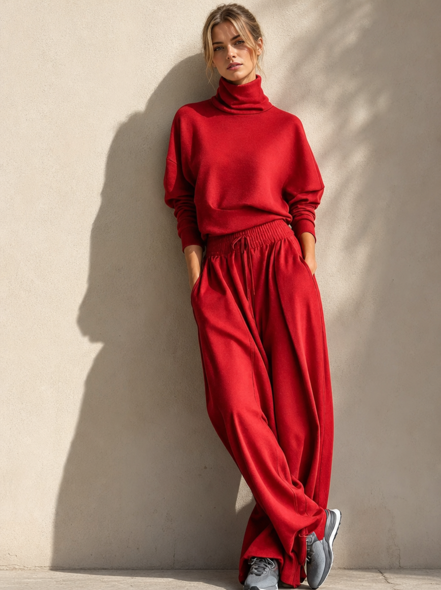 🌸🌸Women Turtleneck Wide Leg Pants 2 Piece Outfit Set, Drawstring Waist Casual Matching Loungewear