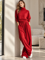 🌸🌸Women Turtleneck Wide Leg Pants 2 Piece Outfit Set, Drawstring Waist Casual Matching Loungewear