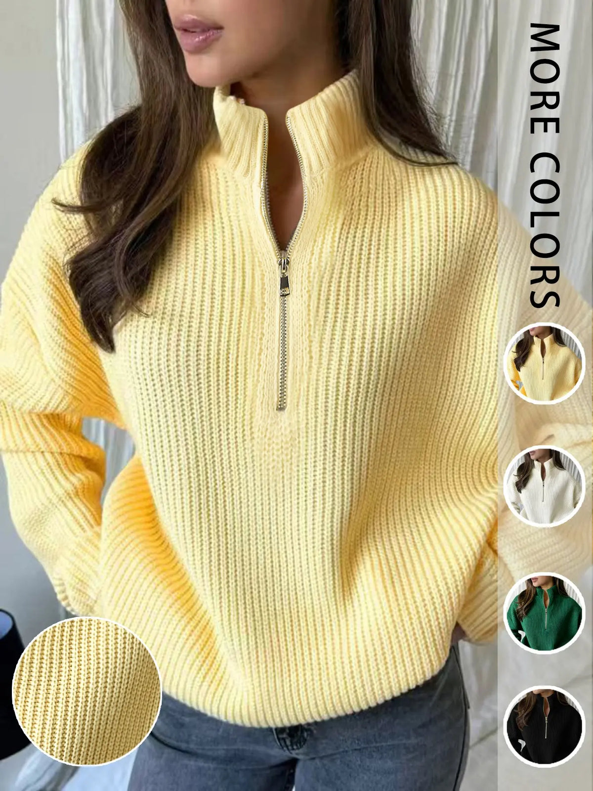 💚Women's Cream Half-Zip Knit Sweater Stand Collar