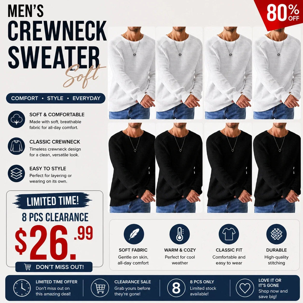 🌿🌿Limited-Time Offer🎁Men's Crewneck Sweater Soft Casual Sweaters Classic Long Sleeve Pullover Sweaters with Ribbing Edge