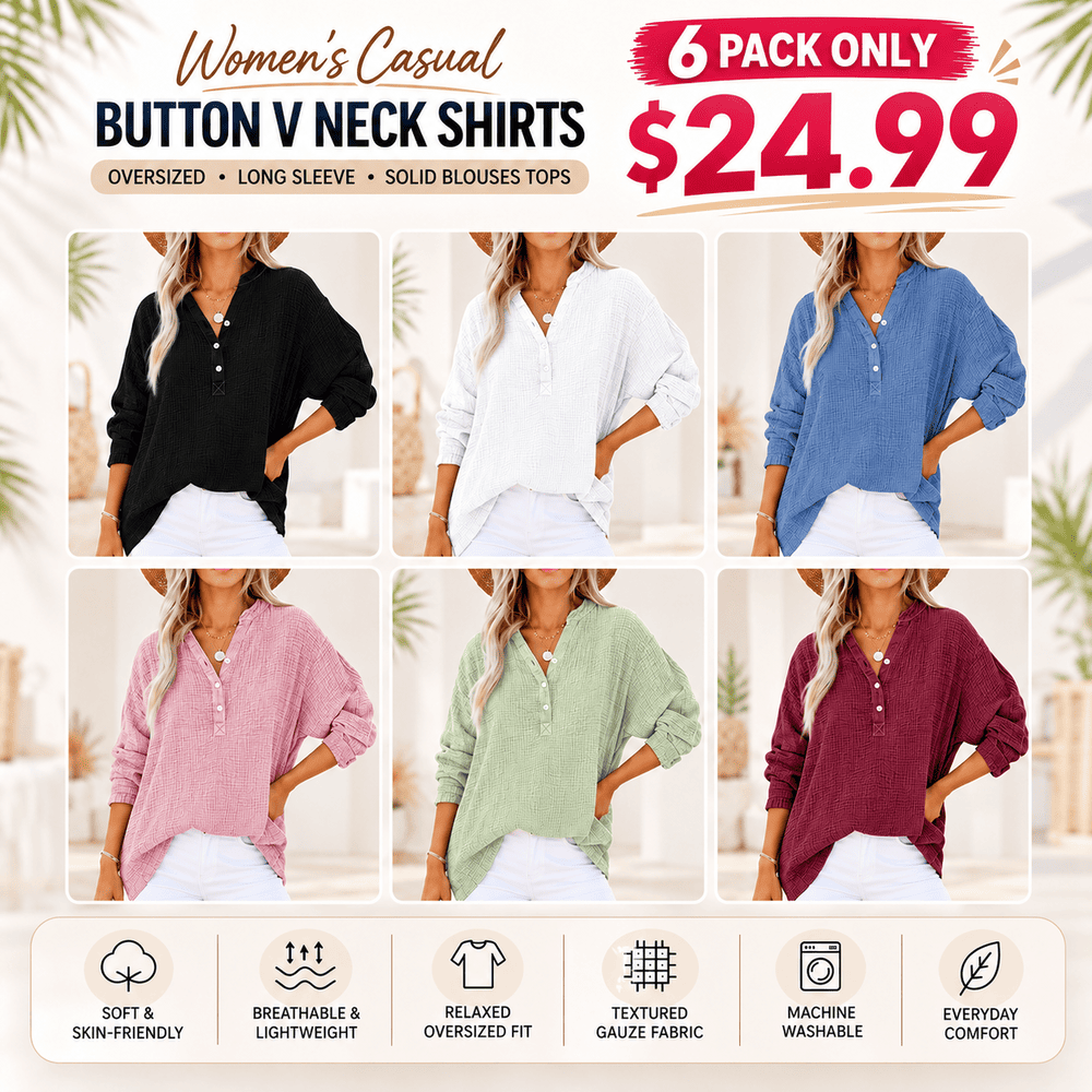 💝💝Womens Casual Button V Neck Long Sleeve Shirts Oversized Solid Blouses Tops