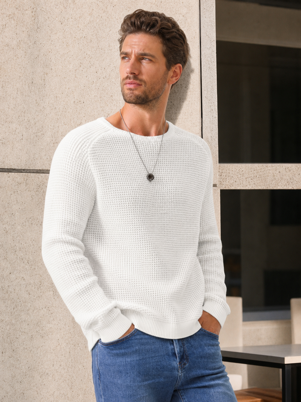 🌸🌸Limited Offer BESTSELLER | 8PCS $24.63 | Men's Relaxed Oversized Waffle Knit Crew Pullover✨