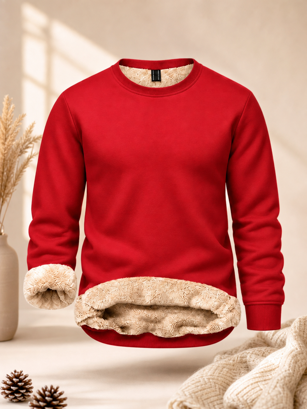 🌸🌸Men's Fitted Crewneck Sherpa Lined Sweatshirt, Wind Resistant Polyester Athletic Pullover Casual Top
