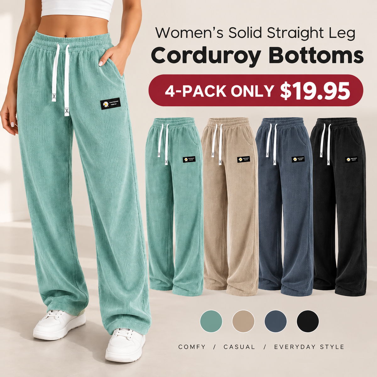 💚LAST DAY SALEWomen's Solid Straight Leg Corduroy Bottoms-100% Cotton