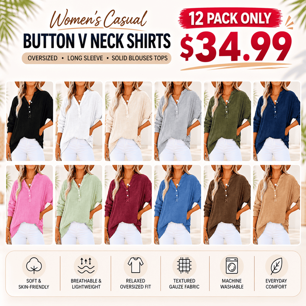 💝💝Womens Casual Button V Neck Long Sleeve Shirts Oversized Solid Blouses Tops