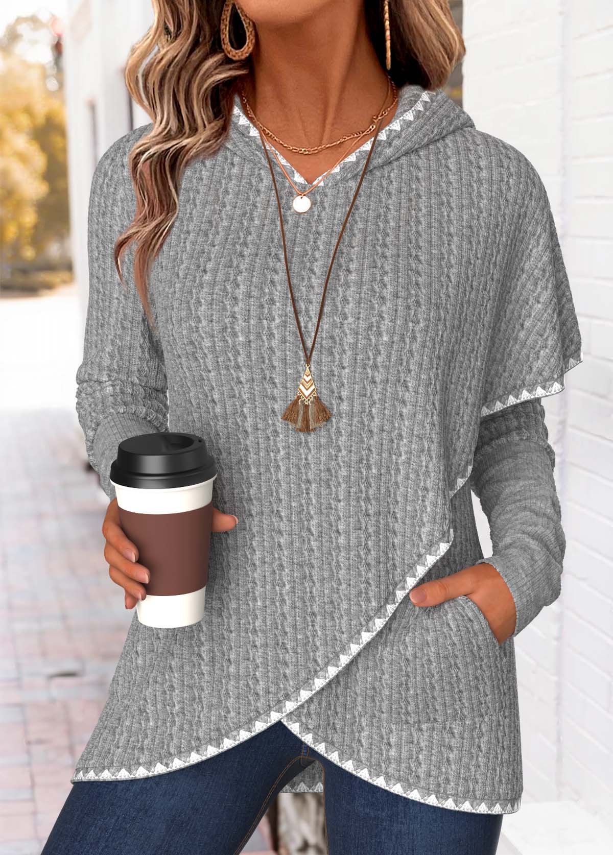 MODLILY®Light Grey Marl Tummy Coverage Long Sleeve Hoodie