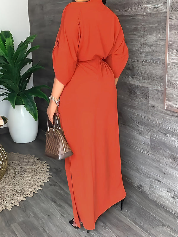 💚Loose Drawstring Solid Color Split-Side V-Neck Maxi Dresses