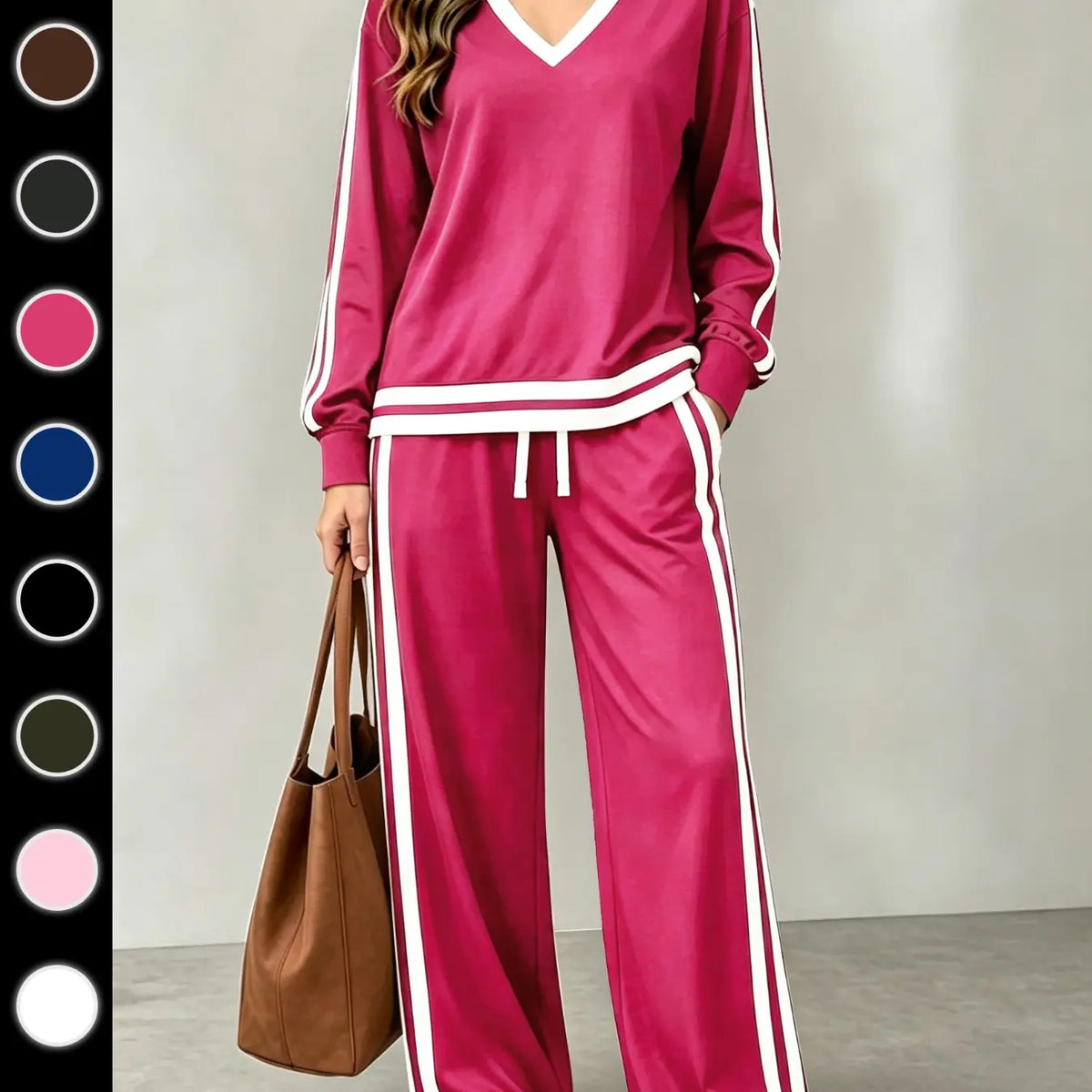💚Women's Casual Two-Piece Set with V-Neck Long Sleeve T-Shirt and Contrast Stripe Pants | All Seasons Fashion