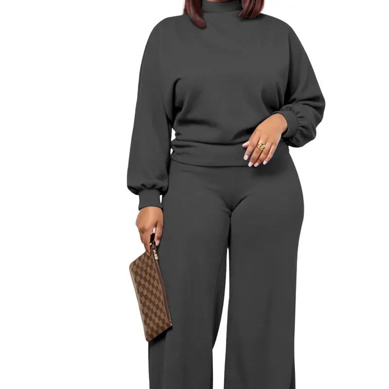 💚USBoutiqueCHIC Women's 2-Piece Milk Silk Fleece Lounge Set - Long Sleeve Top & Wide Leg Pants