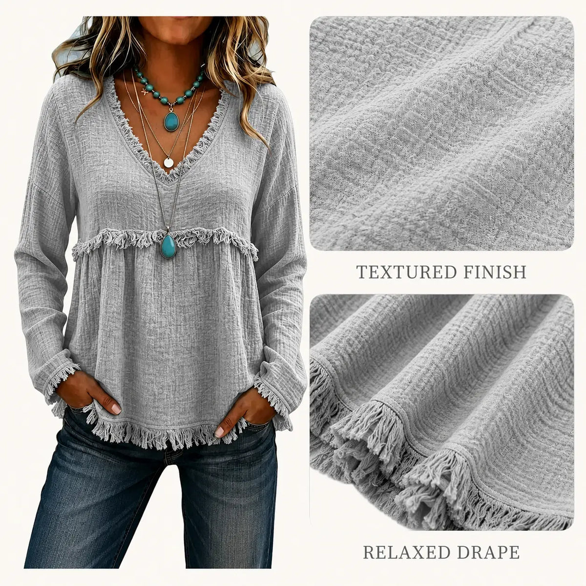 💝💝Women's Boho V Neck Long Sleeve Fringe Top Plus Size