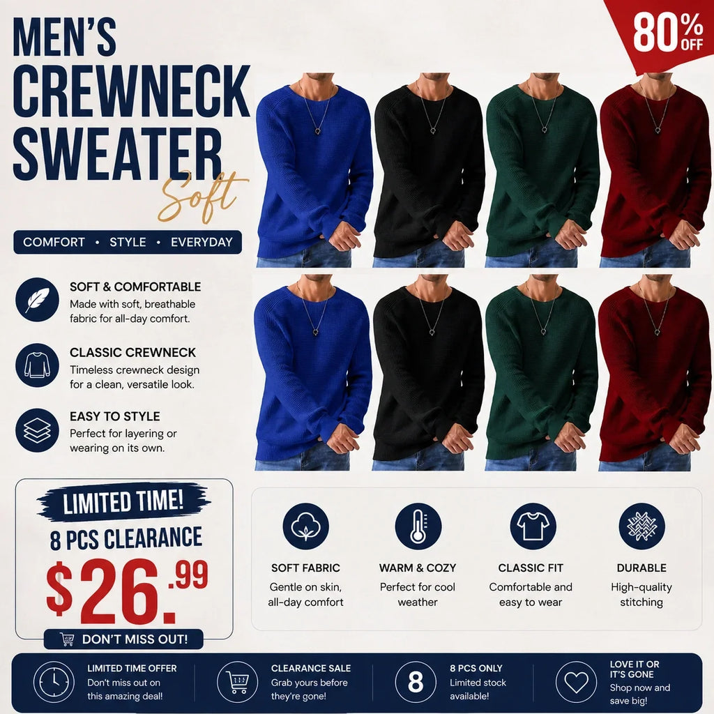 🌿🌿Limited-Time Offer🎁Men's Crewneck Sweater Soft Casual Sweaters Classic Long Sleeve Pullover Sweaters with Ribbing Edge