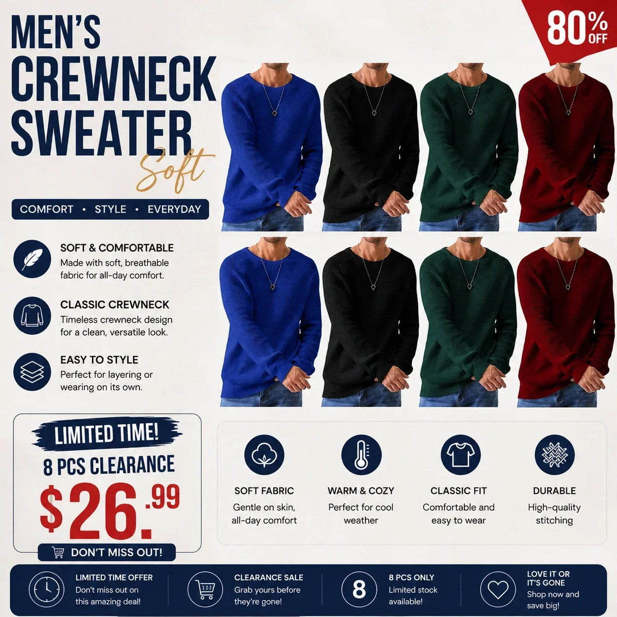 🌿🌿Limited-Time Offer🎁Men's Crewneck Sweater Soft Casual Sweaters Classic Long Sleeve Pullover Sweaters with Ribbing Edge