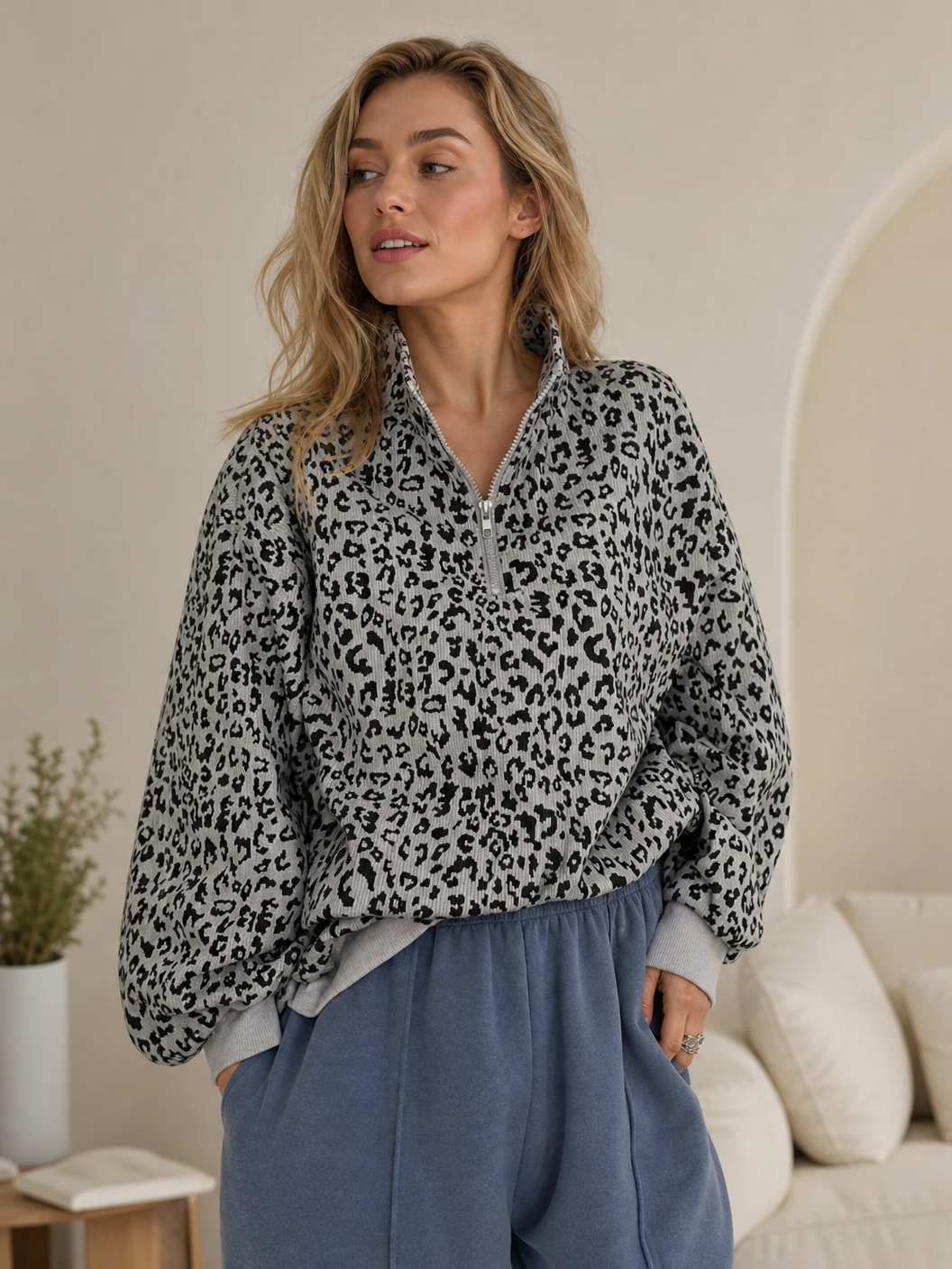 🌸🌸Oversized Half Zip Leopard Print Sweatshirt for Women, Casual Relaxed Fit Top