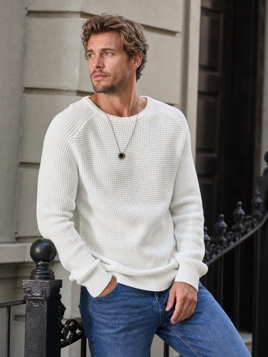 🌸🌸Limited Offer BESTSELLER | 8PCS $24.63 | Men's Relaxed Oversized Waffle Knit Crew Pullover✨