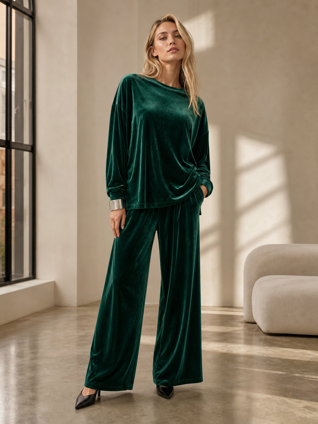 🌸🌸Women Soft Velvet Matching Set - Long Sleeve Top & Wide-Leg Pants✨