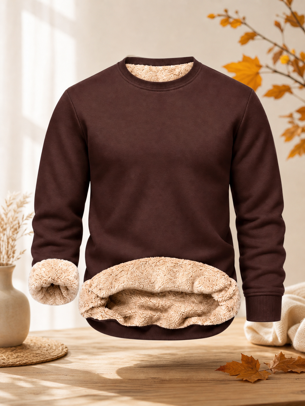🌸🌸Men's Fitted Crewneck Sherpa Lined Sweatshirt, Wind Resistant Polyester Athletic Pullover Casual Top