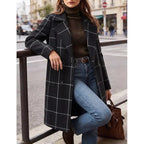 💚WoodBerry Plaid Wool Blend Trench Coat Beige Notch Lapel Mid Long