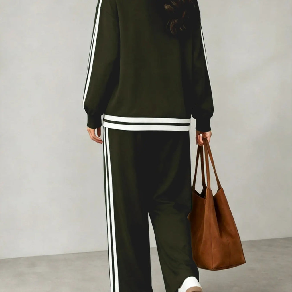 💚Women's Casual Two-Piece Set with V-Neck Long Sleeve T-Shirt and Contrast Stripe Pants | All Seasons Fashion