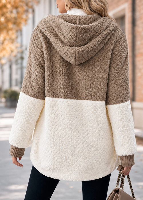 MODLILY®Light Camel Patchwork Long Sleeve Hooded Coat