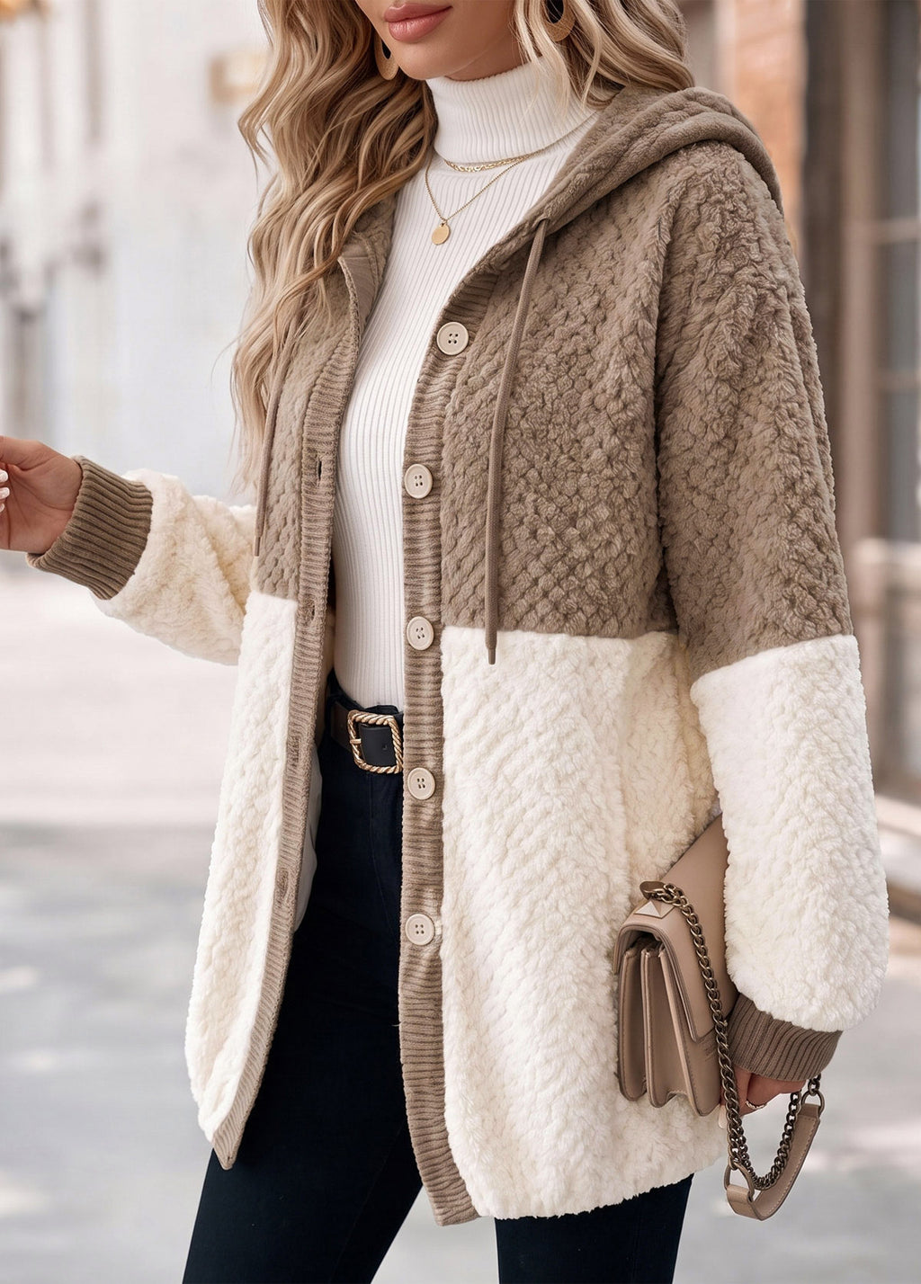 MODLILY®Light Camel Patchwork Long Sleeve Hooded Coat