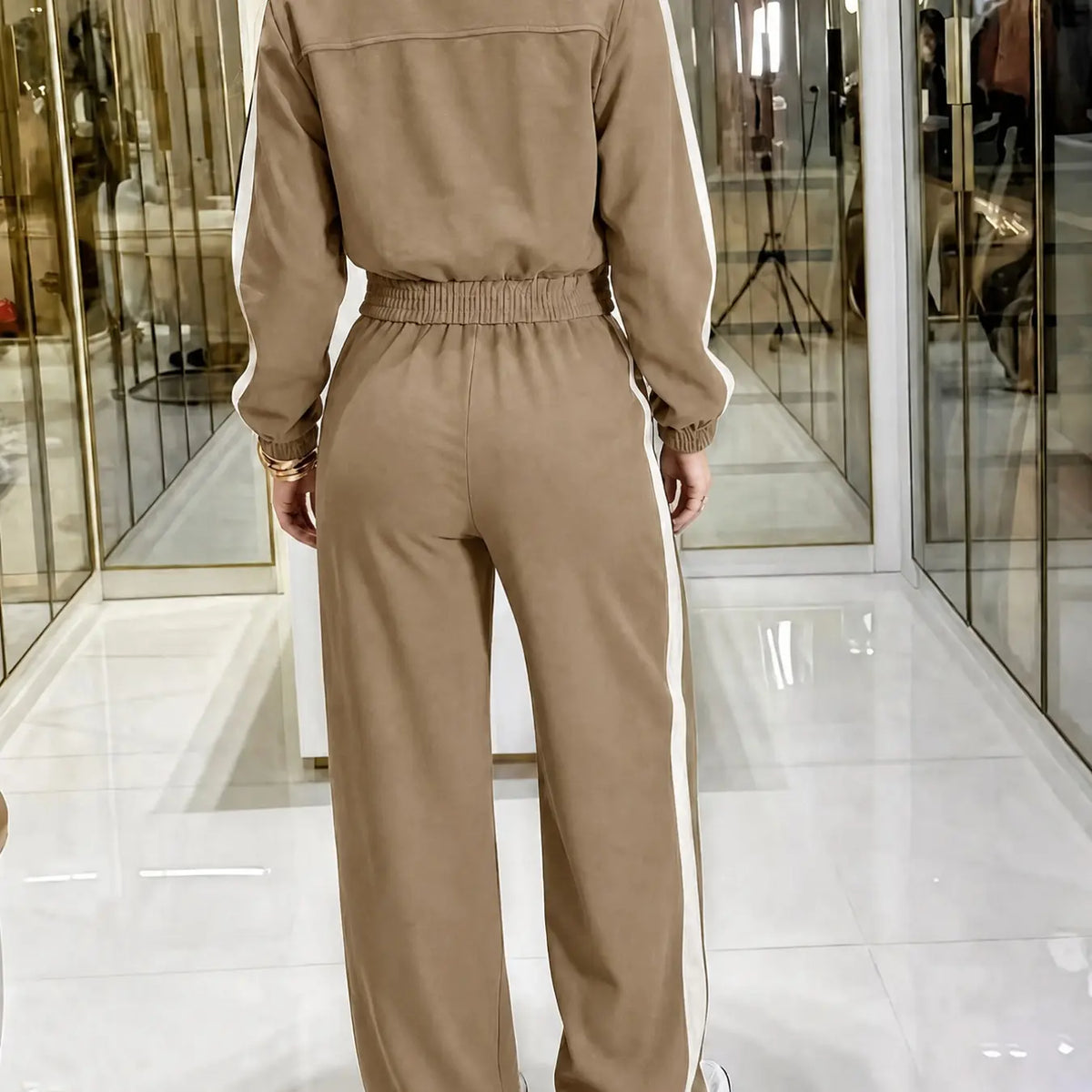 💚Casual Women's Two-Piece Set with High Waist Pants and Short Zipper Jacket, Polyester, Multiple Colors
