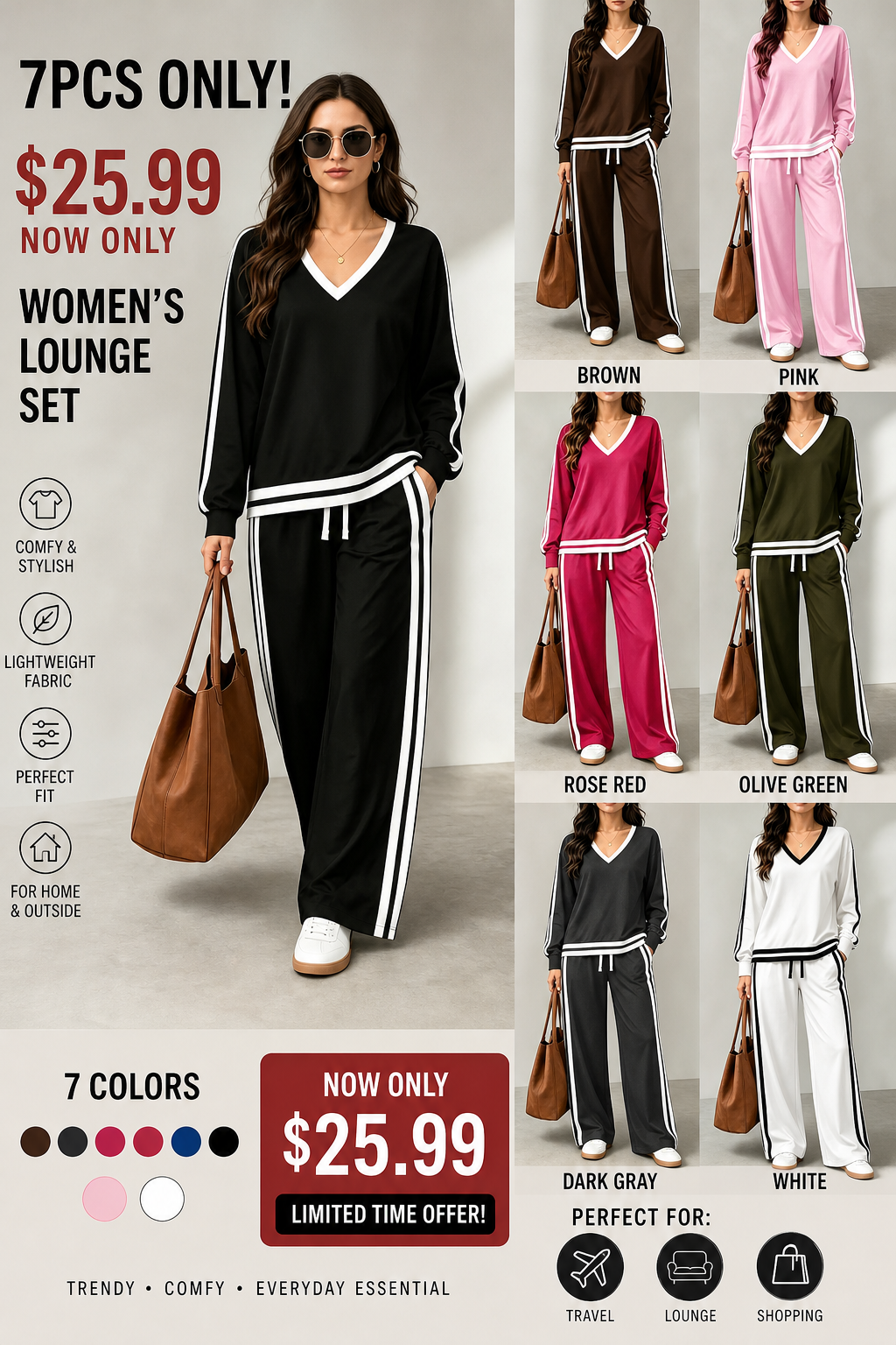 💚Women's Casual Two-Piece Set with V-Neck Long Sleeve T-Shirt and Contrast Stripe Pants | All Seasons Fashion