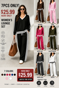 💚Women's Casual Two-Piece Set with V-Neck Long Sleeve T-Shirt and Contrast Stripe Pants | All Seasons Fashion