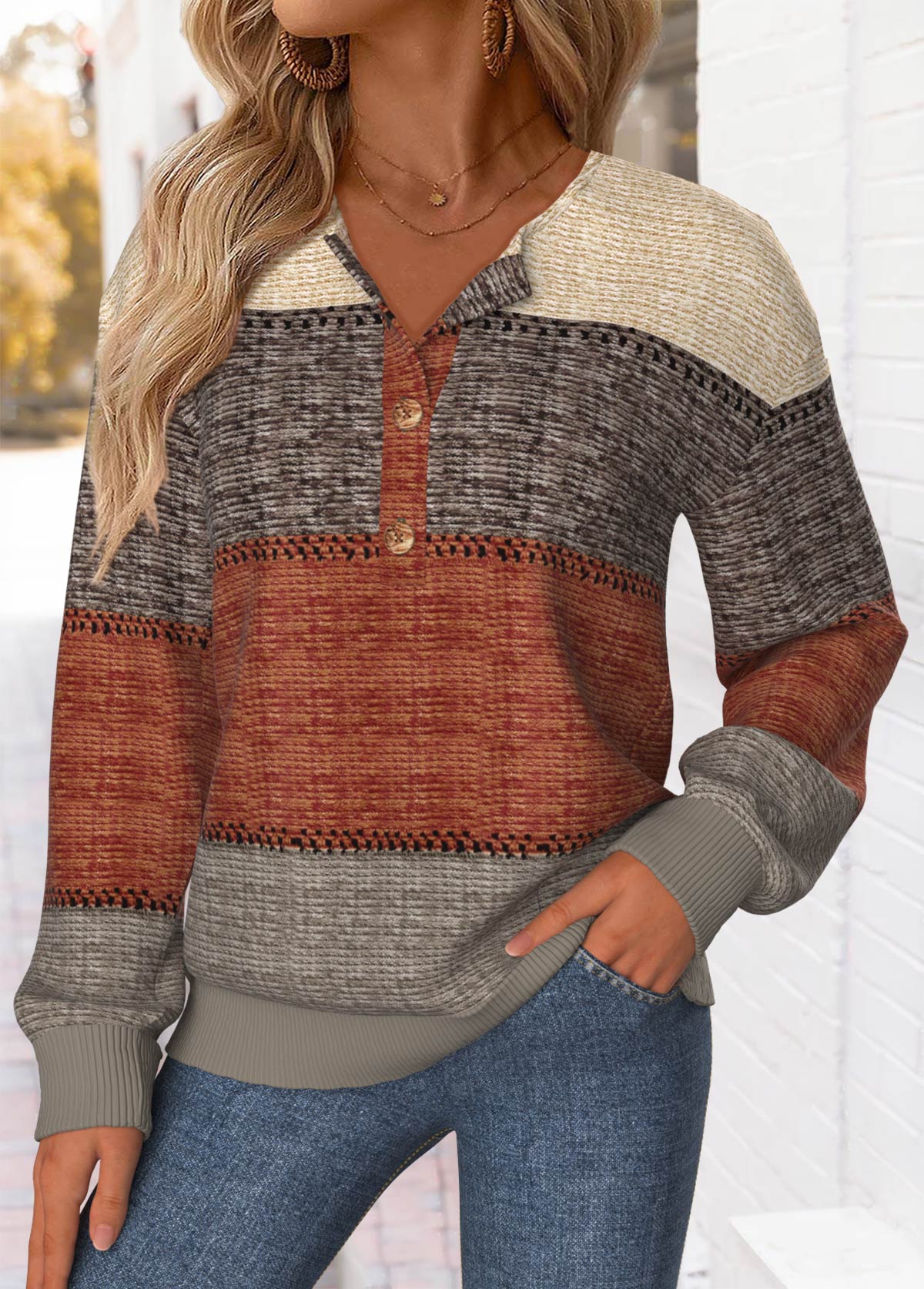 MODLILY®Light Pink Geometric Print Long Sleeve Patchwork Sweatshirt