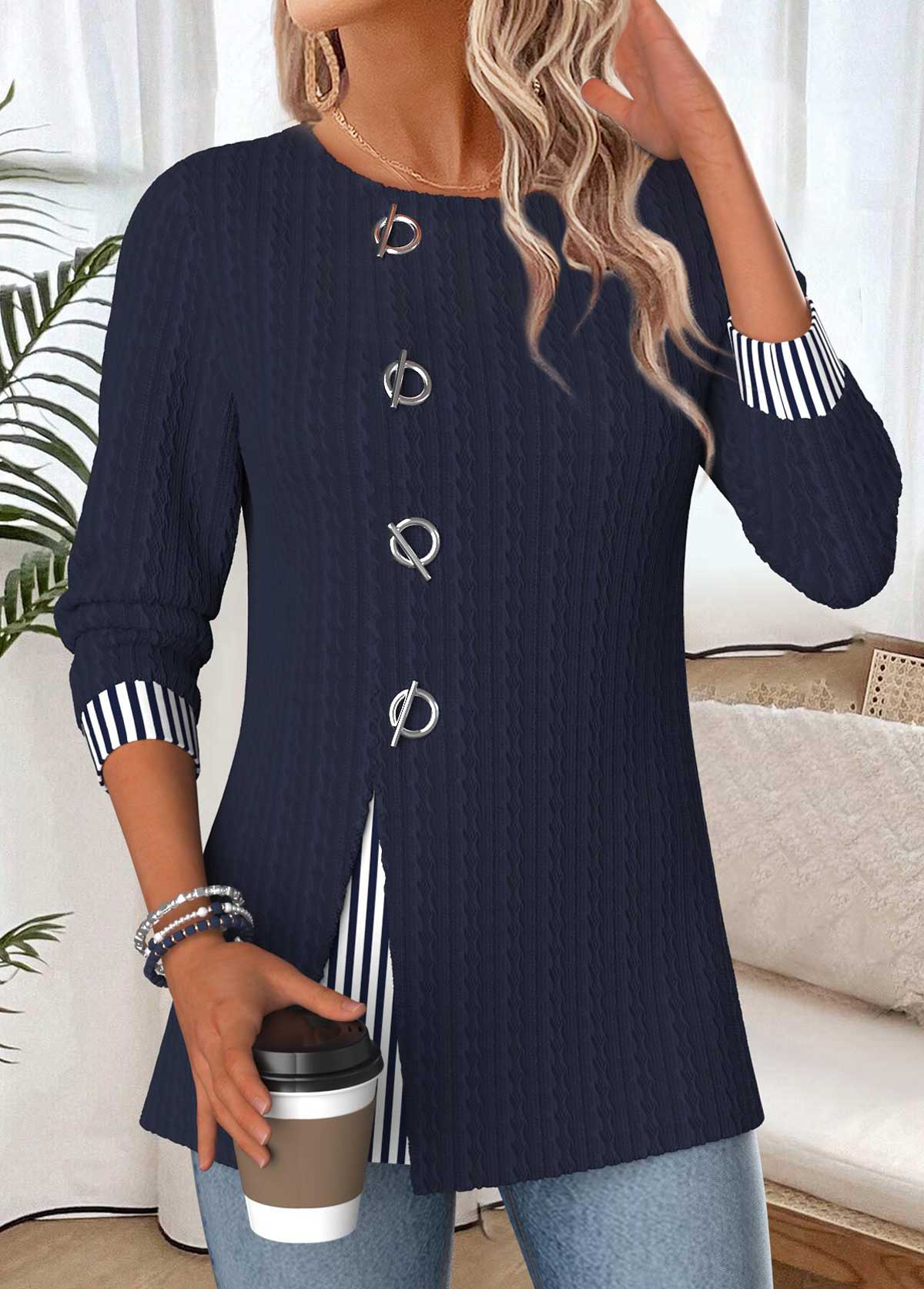 MODLILY®Light Pink Plaid Long Sleeve Fake Two Piece Twinset