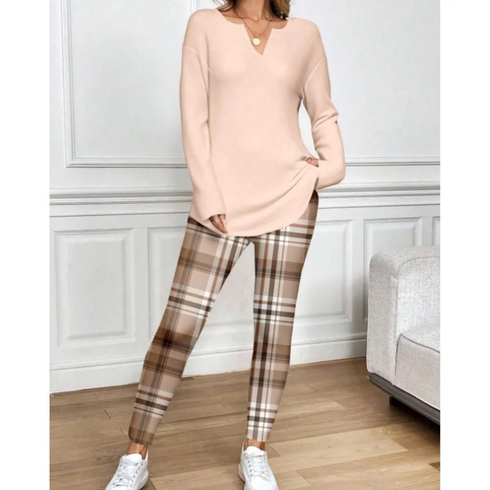 💝💝Women's 2-Piece Lounge Set – Long Sleeve Top & Plaid Leggings