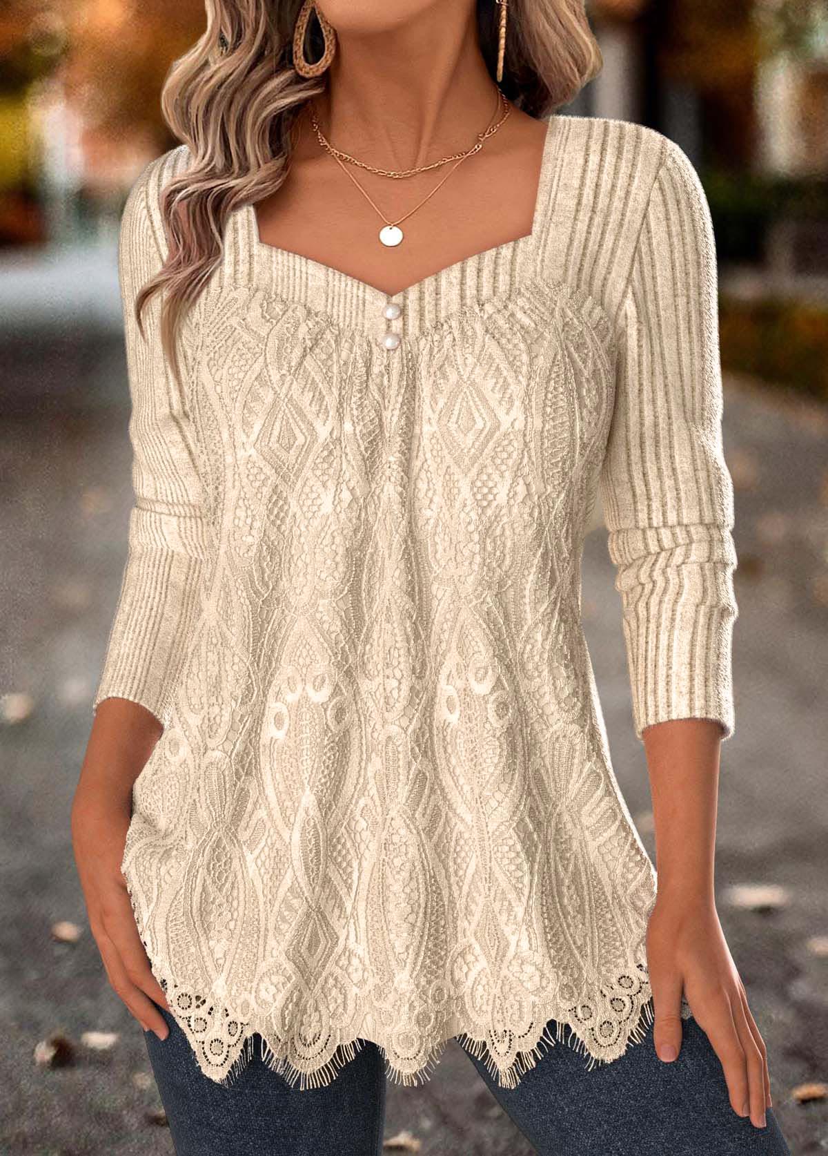 MODLILY®Beige Tummy Coverage Long Sleeve Square Neck T Shirt