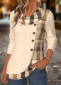 MODLILY®Beige Plaid Patchwork Long Sleeve Draped Neck T Shirt