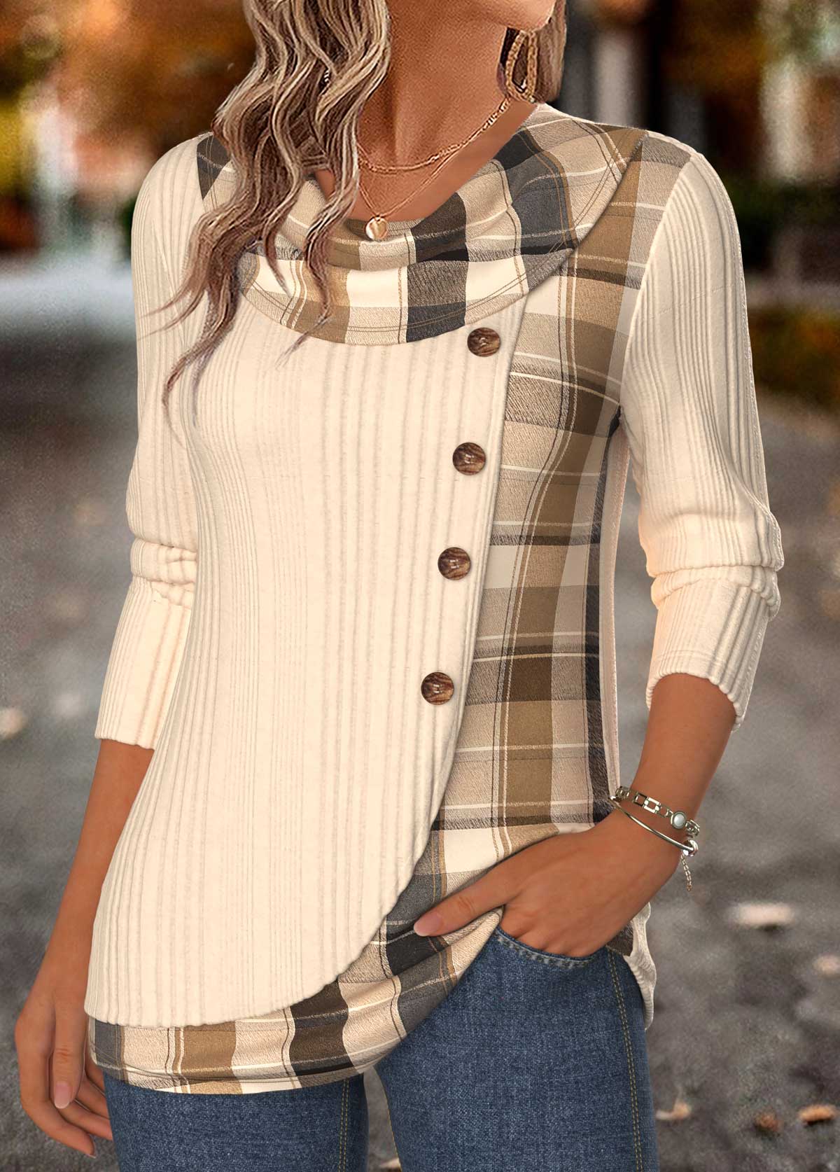 MODLILY®Beige Plaid Patchwork Long Sleeve Draped Neck T Shirt