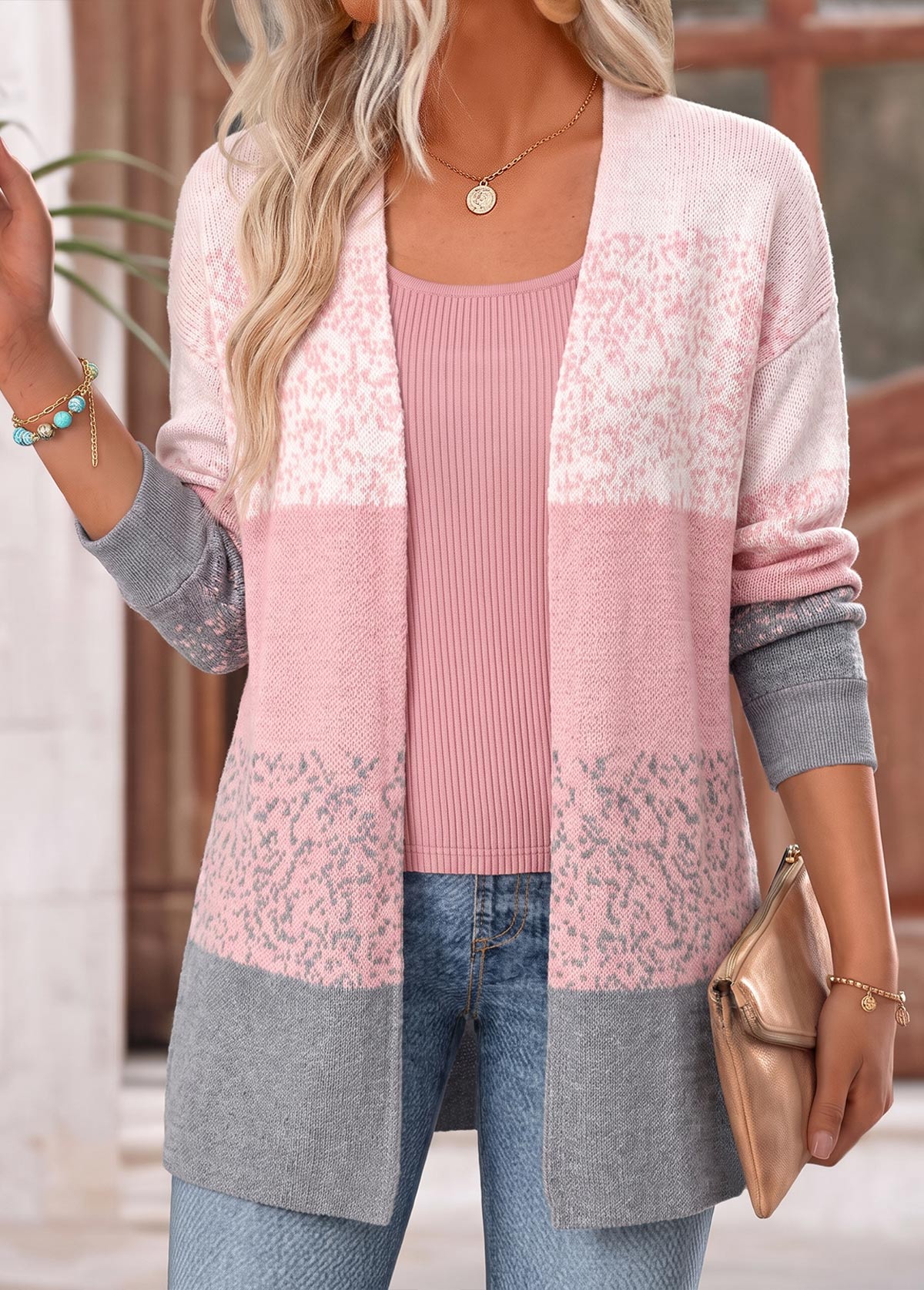 MODLILY®Pink Ombre Long Sleeve Open Front Coat
