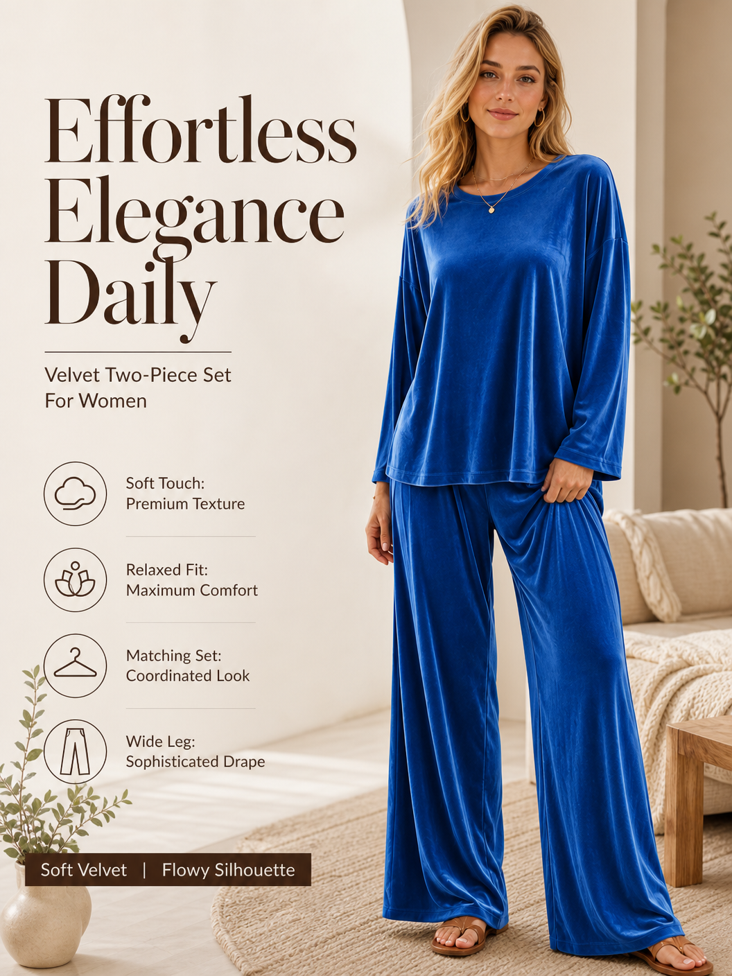 🌸🌸Women Soft Velvet Matching Set - Long Sleeve Top & Wide-Leg Pants✨