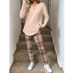 💝💝Women's 2-Piece Lounge Set – Long Sleeve Top & Plaid Leggings