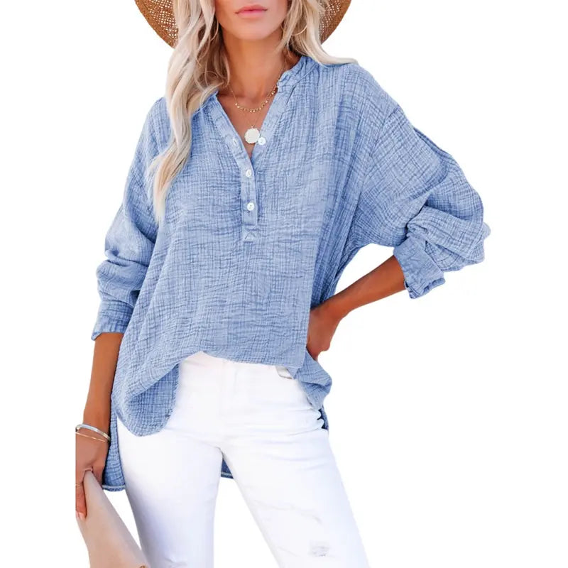 💝💝Womens Casual Button V Neck Long Sleeve Shirts Oversized Solid Blouses Tops