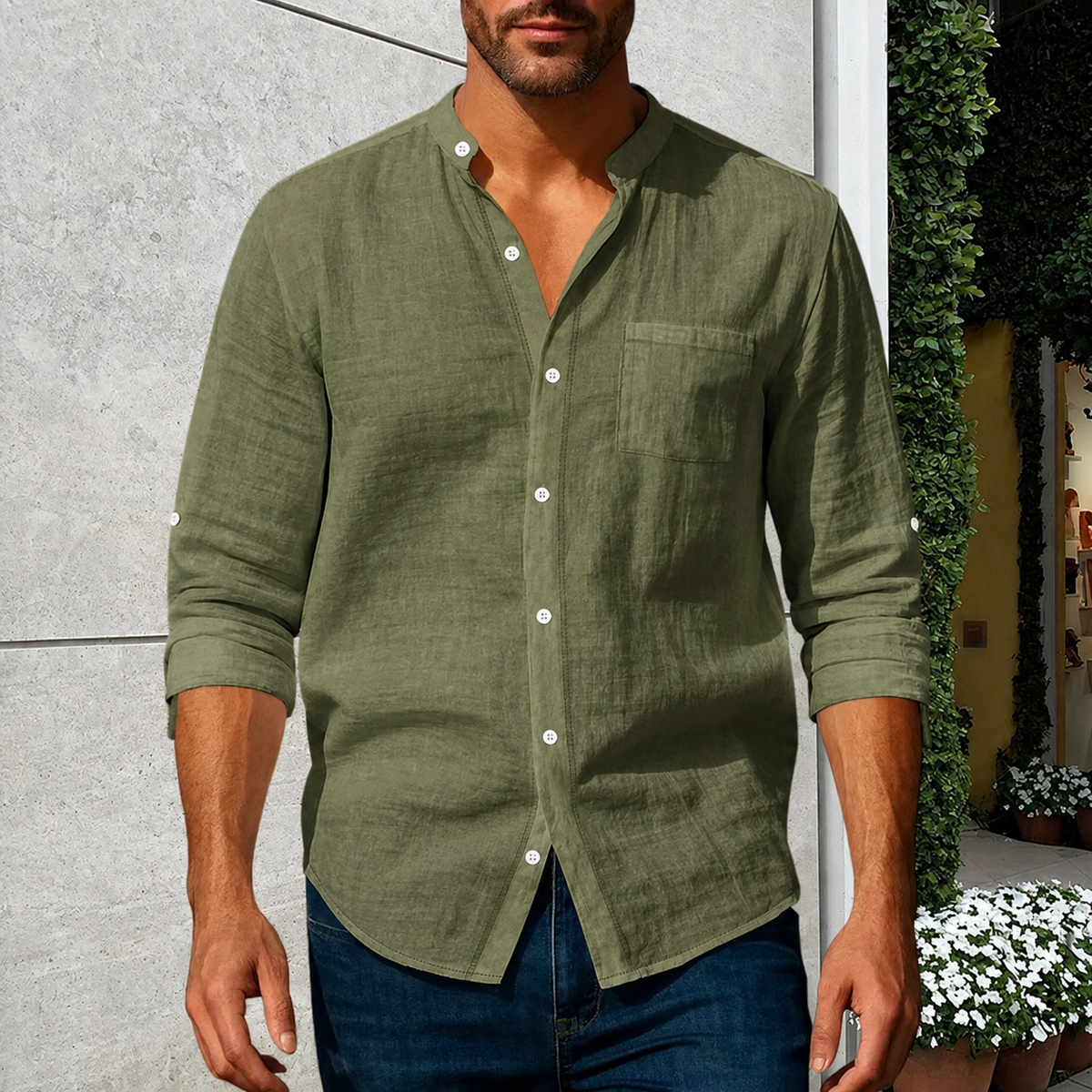 💚Men's Linen Long Sleeve Stand Collar Shirt