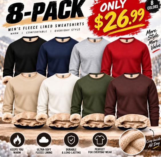 🌸🌸Men's Fitted Crewneck Sherpa Lined Sweatshirt, Wind Resistant Polyester Athletic Pullover Casual Top