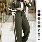 💚Casual Women's Two-Piece Set with High Waist Pants and Short Zipper Jacket, Polyester, Multiple Colors