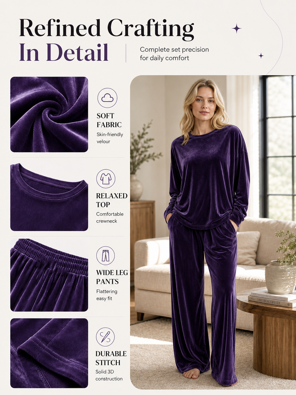 🌸🌸Women Soft Velvet Matching Set - Long Sleeve Top & Wide-Leg Pants✨