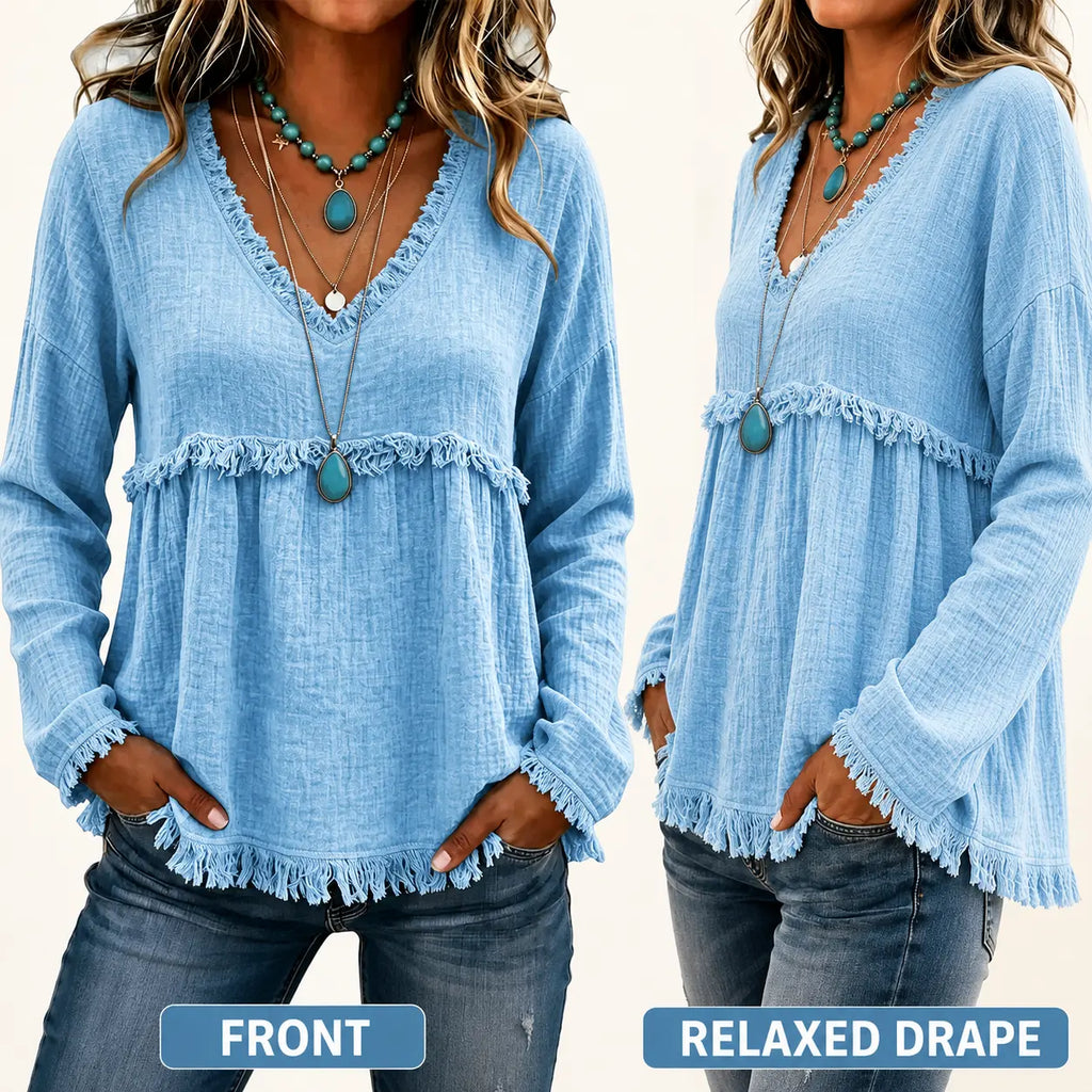 💝💝Women's Boho V Neck Long Sleeve Fringe Top Plus Size