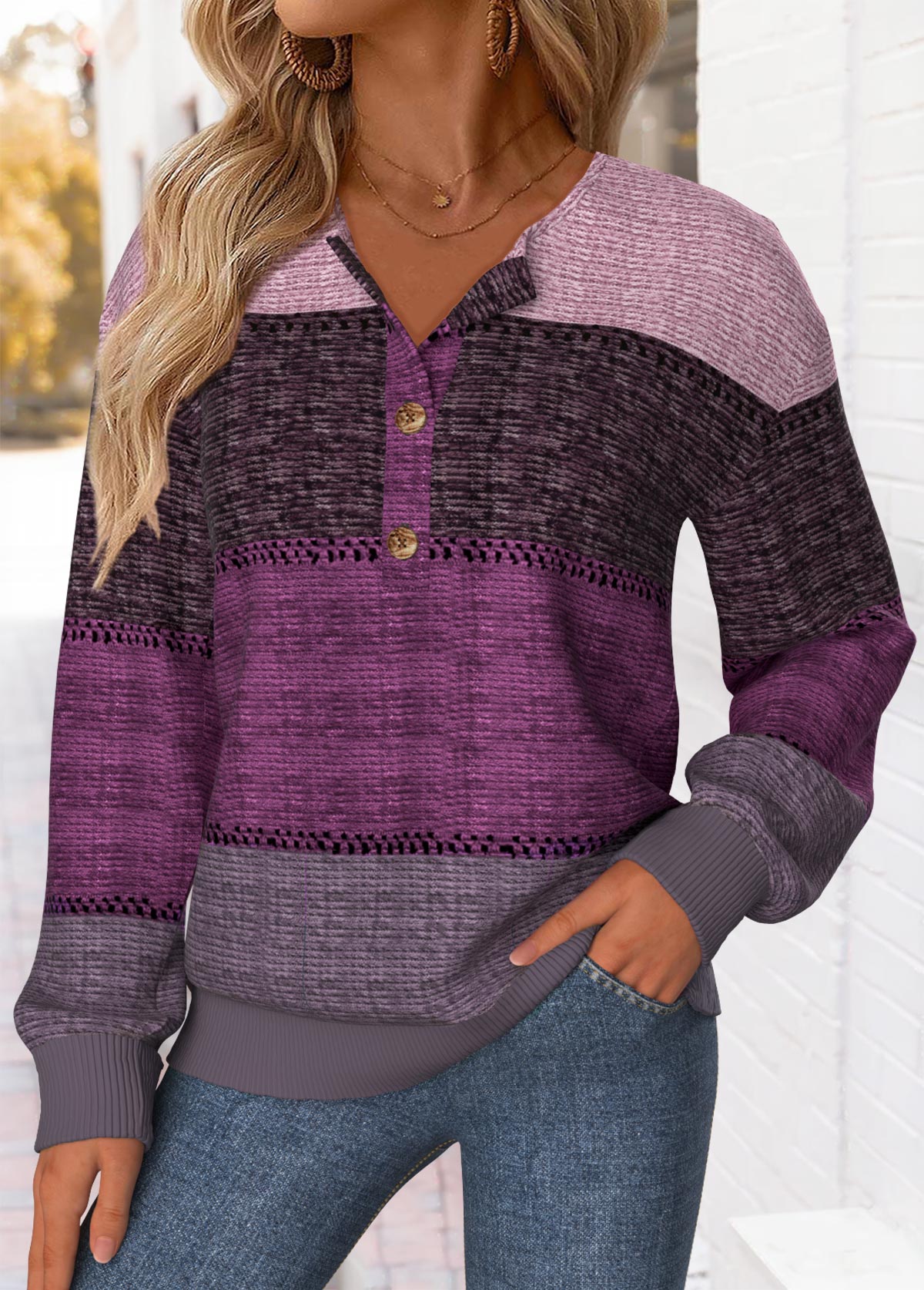 MODLILY®Light Pink Geometric Print Long Sleeve Patchwork Sweatshirt