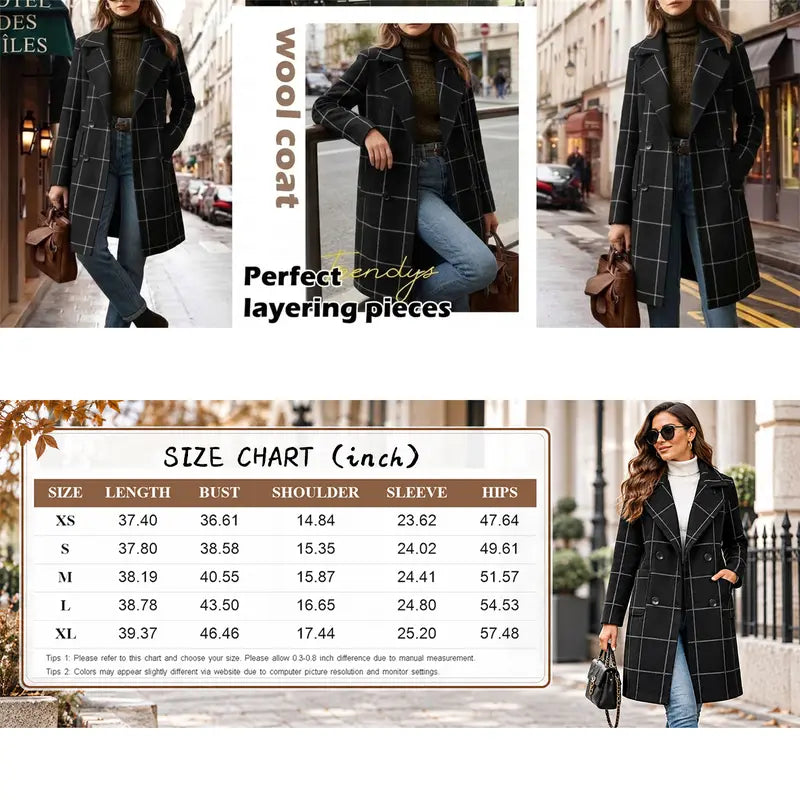 💚WoodBerry Plaid Wool Blend Trench Coat Beige Notch Lapel Mid Long