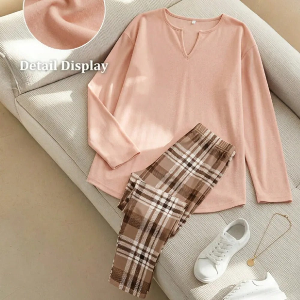 💝💝Women's 2-Piece Lounge Set – Long Sleeve Top & Plaid Leggings