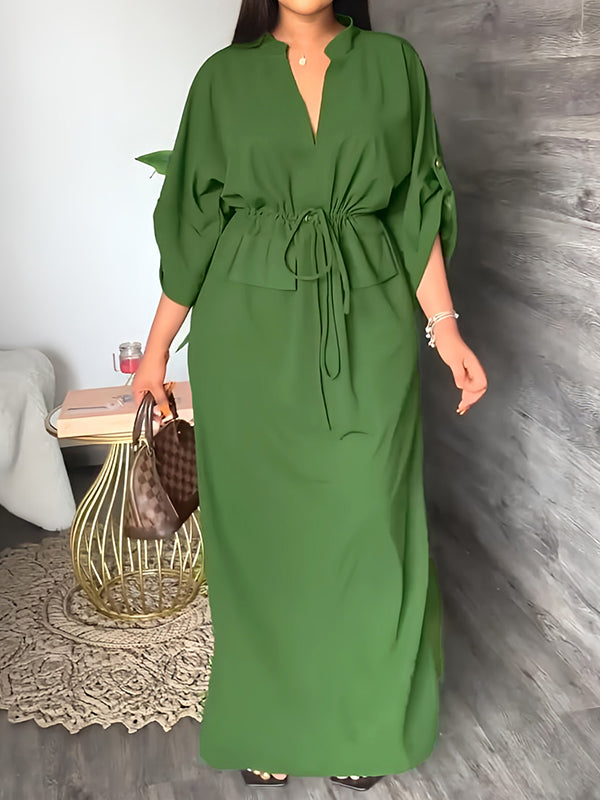 💚Loose Drawstring Solid Color Split-Side V-Neck Maxi Dresses
