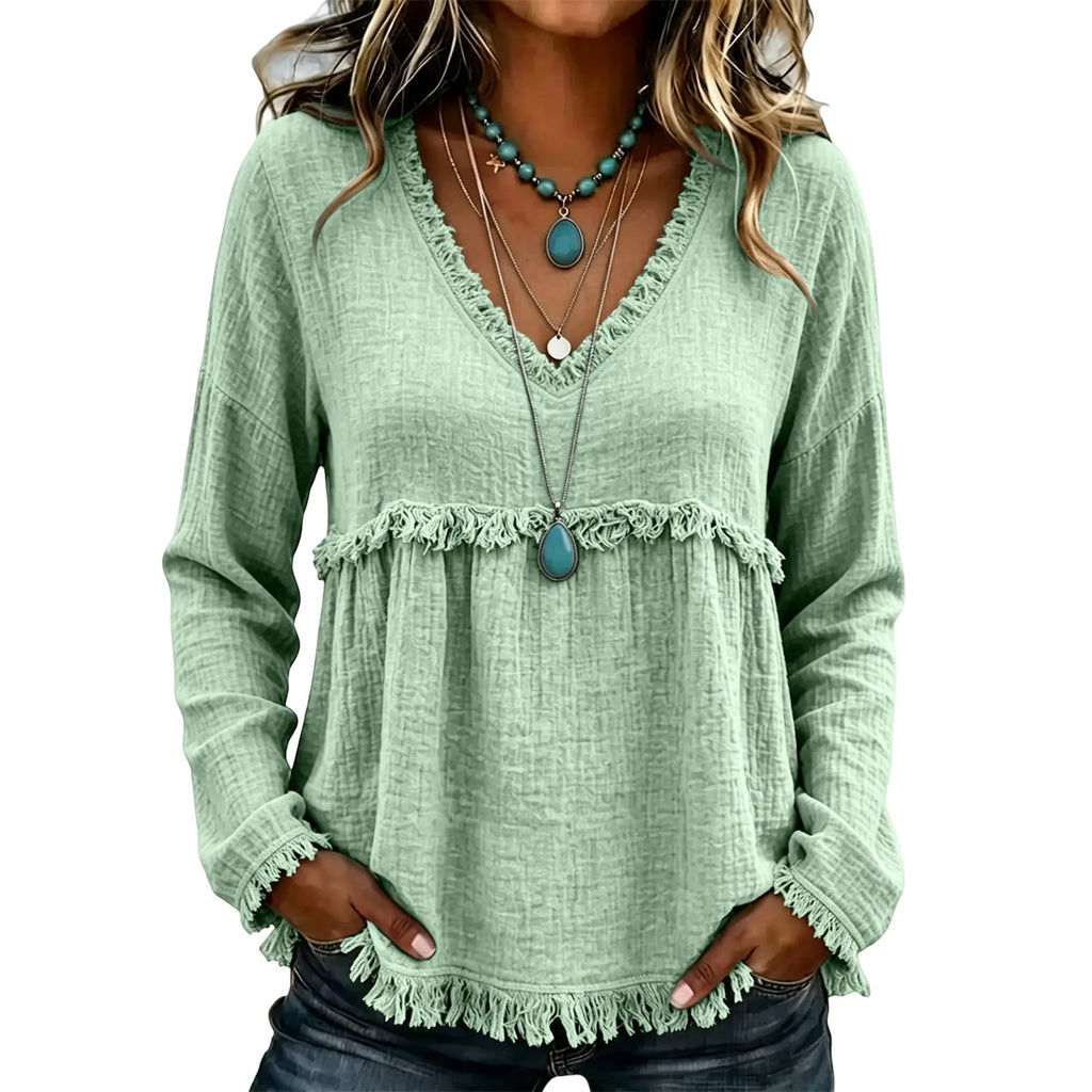 💝💝Women's Boho V Neck Long Sleeve Fringe Top Plus Size