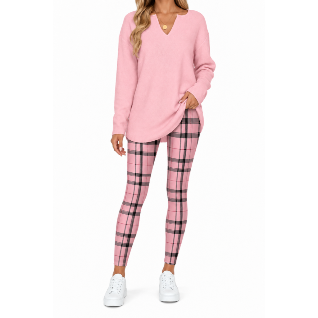 💝💝Women's 2-Piece Lounge Set – Long Sleeve Top & Plaid Leggings