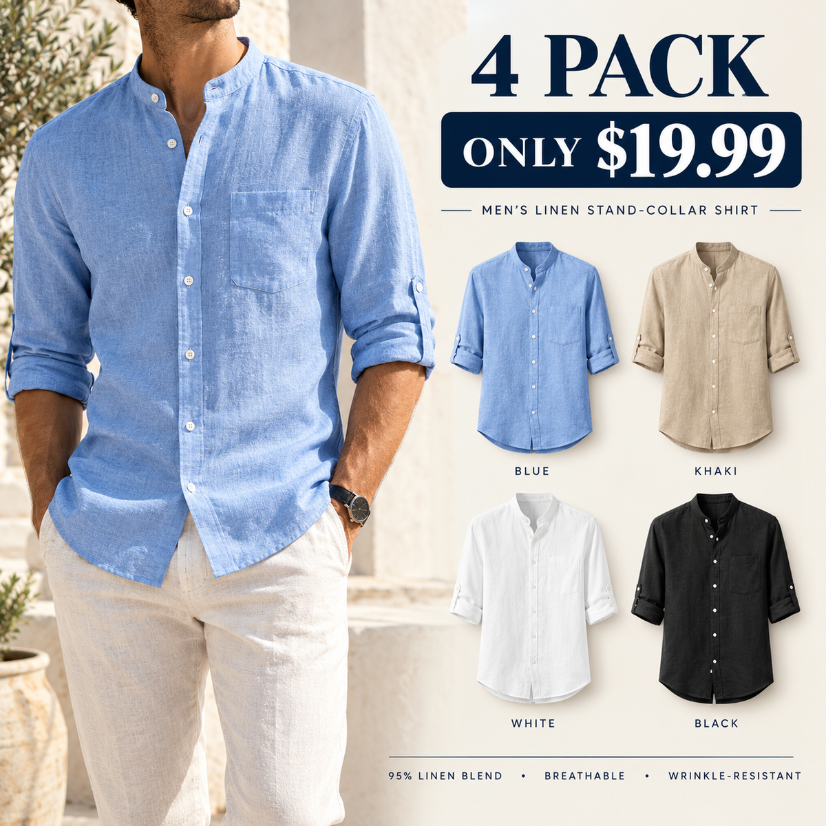 💚Men's Linen Long Sleeve Stand Collar Shirt